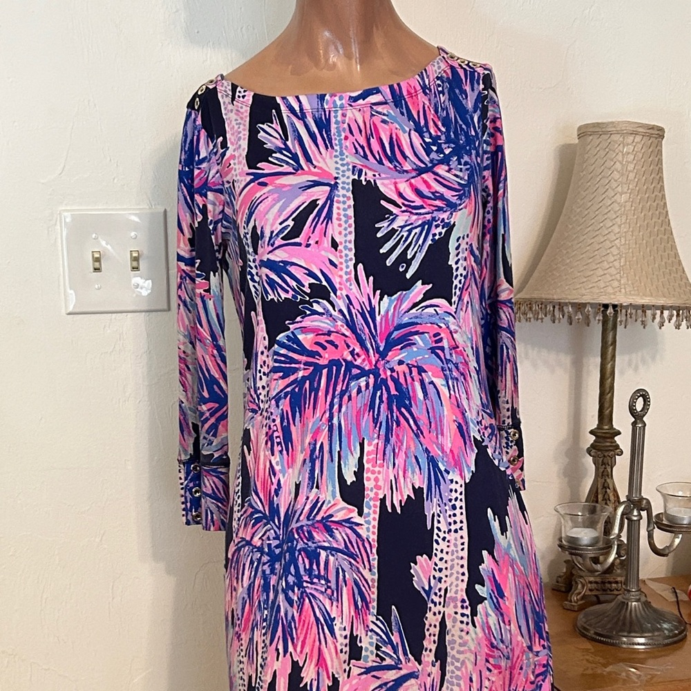 Lilly Pulizer Palm Print Shift Dress in Navy, Pink & Blue